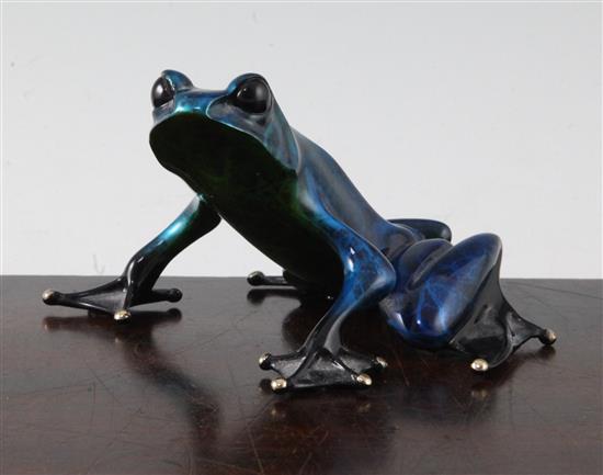 Tim Cotterill. A blue and green lacquered bronze model of a frog, 4.5in., complete with certificate of authenticity